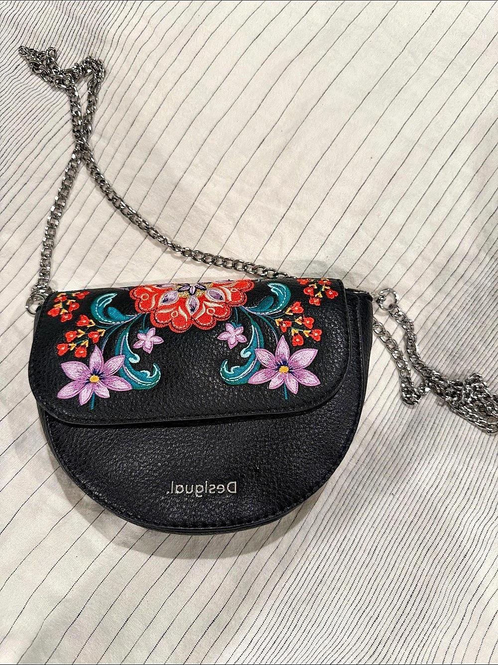 Desigual Embroidered Chain Crossbody Bag Black & Multicolor